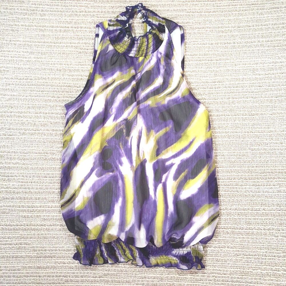 b wear byer california purple green abstract high neck smocked blouse medium y2k